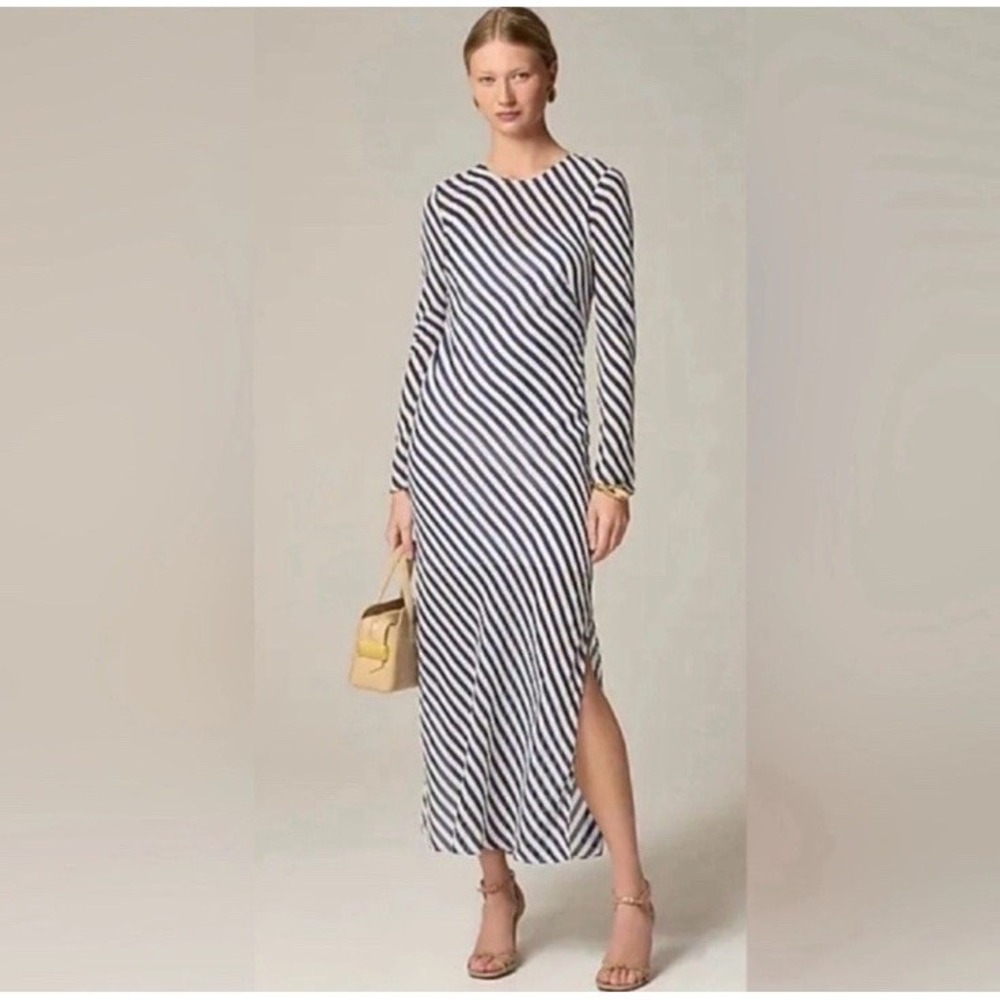 J.Crew Long Sleeve Striped Maxi Dress Navy Blue White Womens 6 Lined‎ Viscose